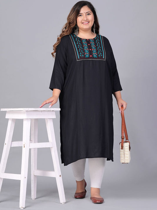 Sztori Plus Size Floral Embroidered Yoke Mirror Work Straight Kurta
