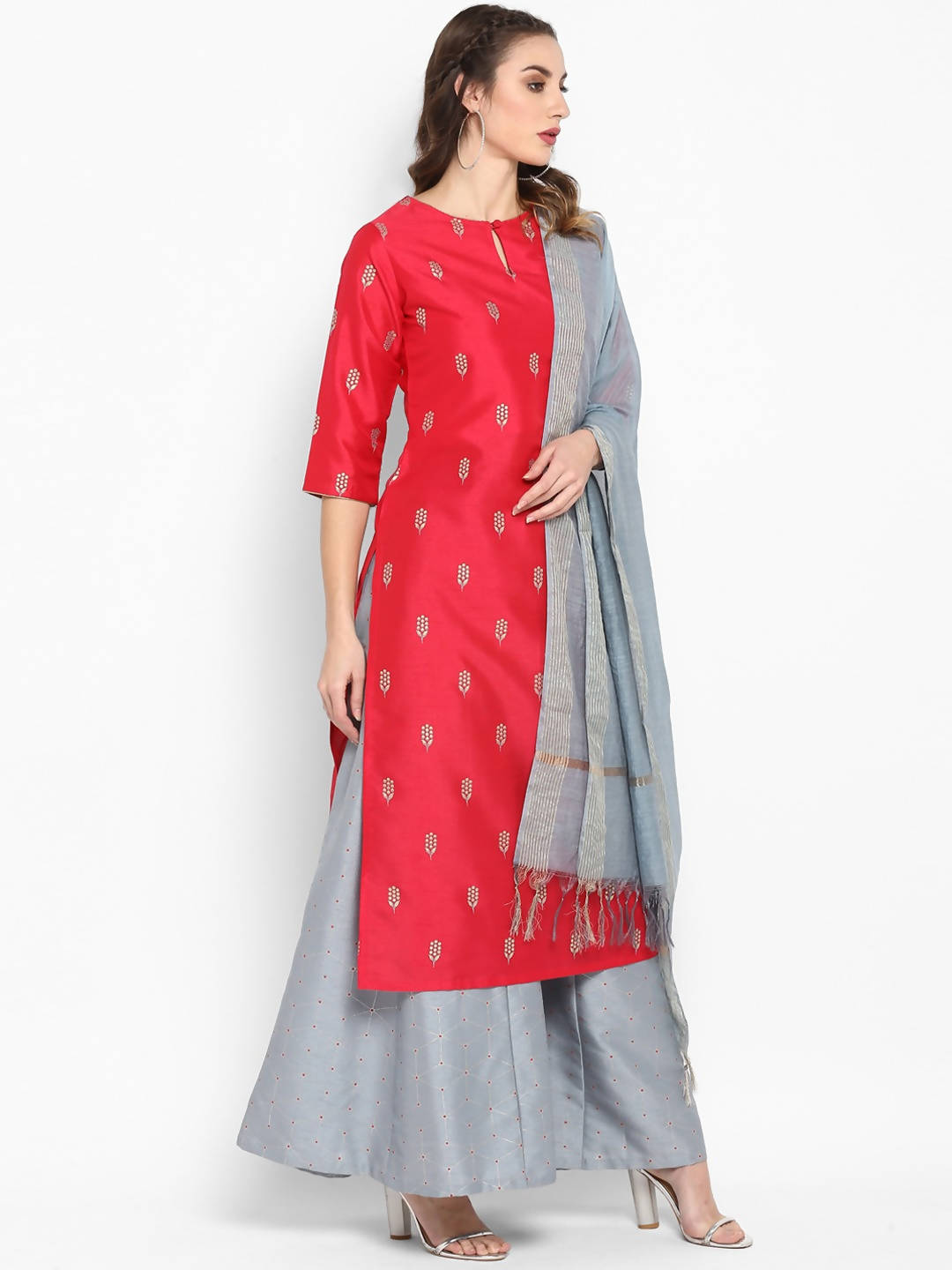 Janasya Women Red Poly Silk Kurta With Palazzo and Dupatta