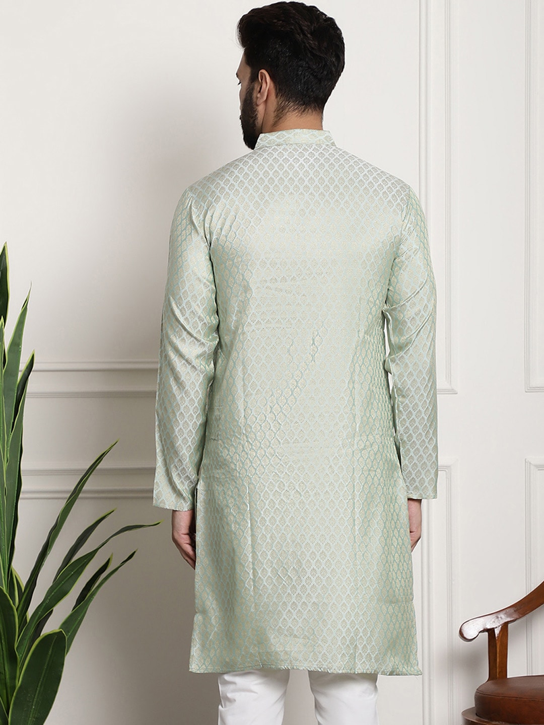 Sojanya Men Green & Beige Ethnic Motifs Jacquard Woven Design Straight Kurta 