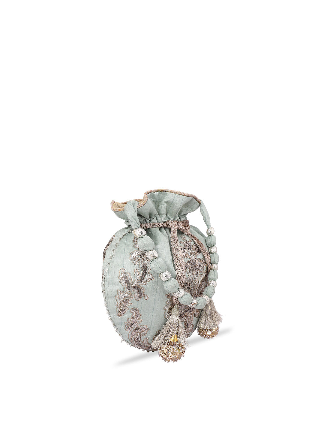 Masq Women Green & Silver-Toned Embellished Potli Clutch - Grab2buy