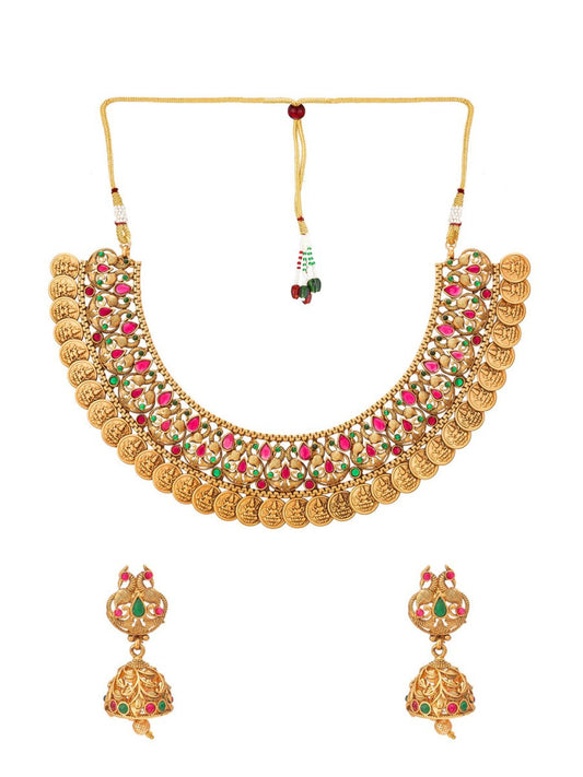 Aadita Gold-Plated Green & Pink Stone-Studded & Pearl Beaded Jewellery Set - Grab2buy