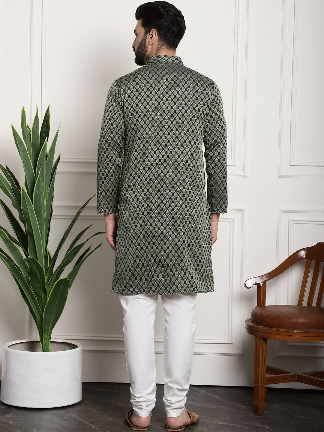 Sojanya Men Green & Off-White Woven Design Kurta with Churidar 