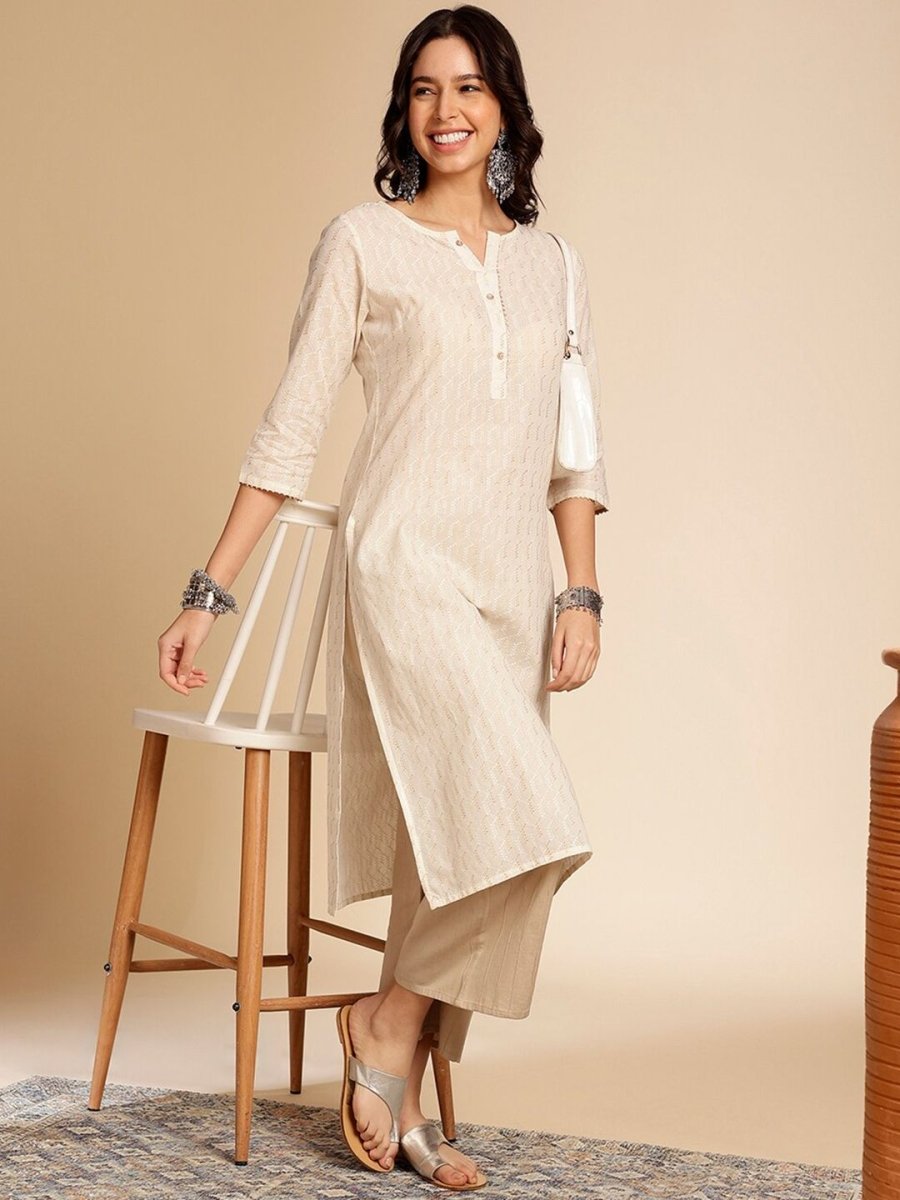 Anouk Off White Printed Mandarin Collar Cotton Straight Kurta | Grab2Buy
