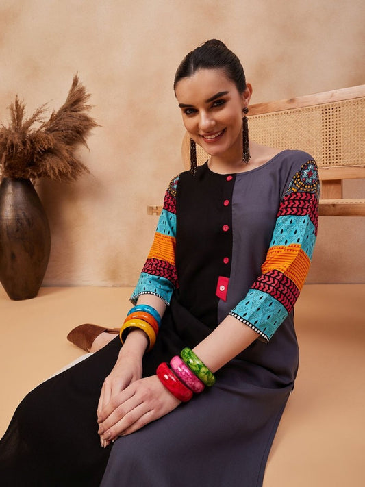 Anouk Ethnic Motifs Printed Round Neck Straight Kurta | Grab2Buy