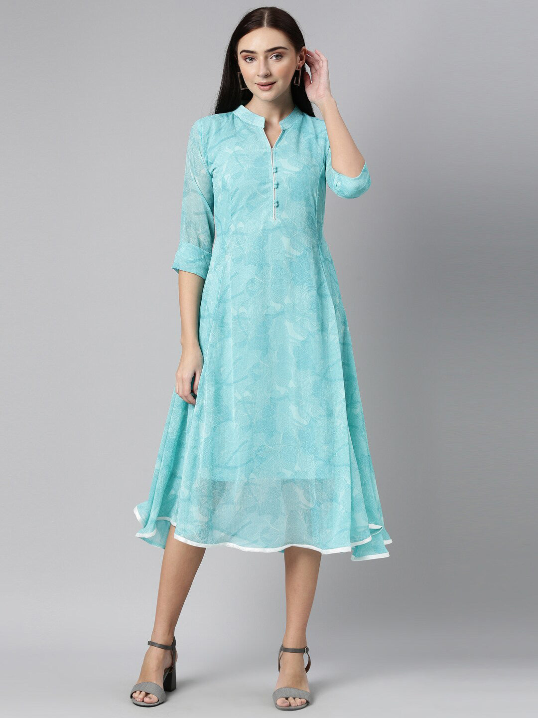 Souchii Women Floral Chiffon A-Line Midi Dress 