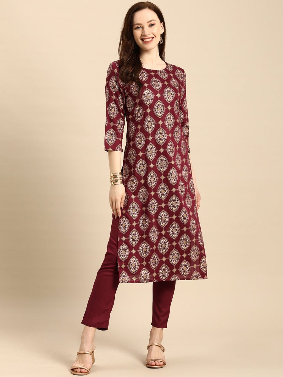 All About You Women Maroon Printed Kurta with Trousers