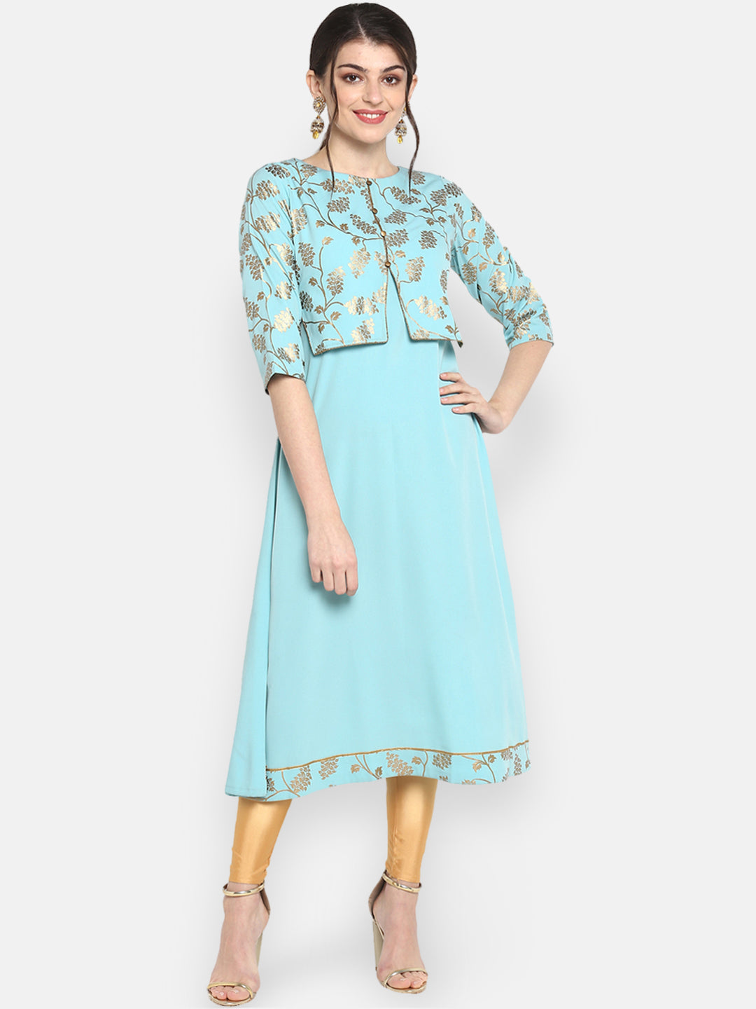 Janasya Women Turquoise Blue & Gold-Toned Printed A-Line Kurta