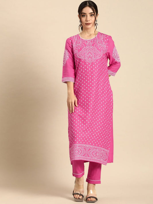 All About You Women Pink Printed Kurta with Trousers