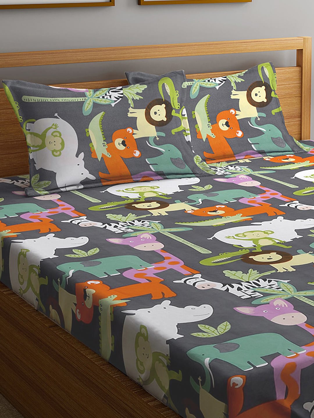 KLOTTHE Grey & Orange Cartoon Character Printed 300 TC King Bedsheet With 2 Pillow covers 