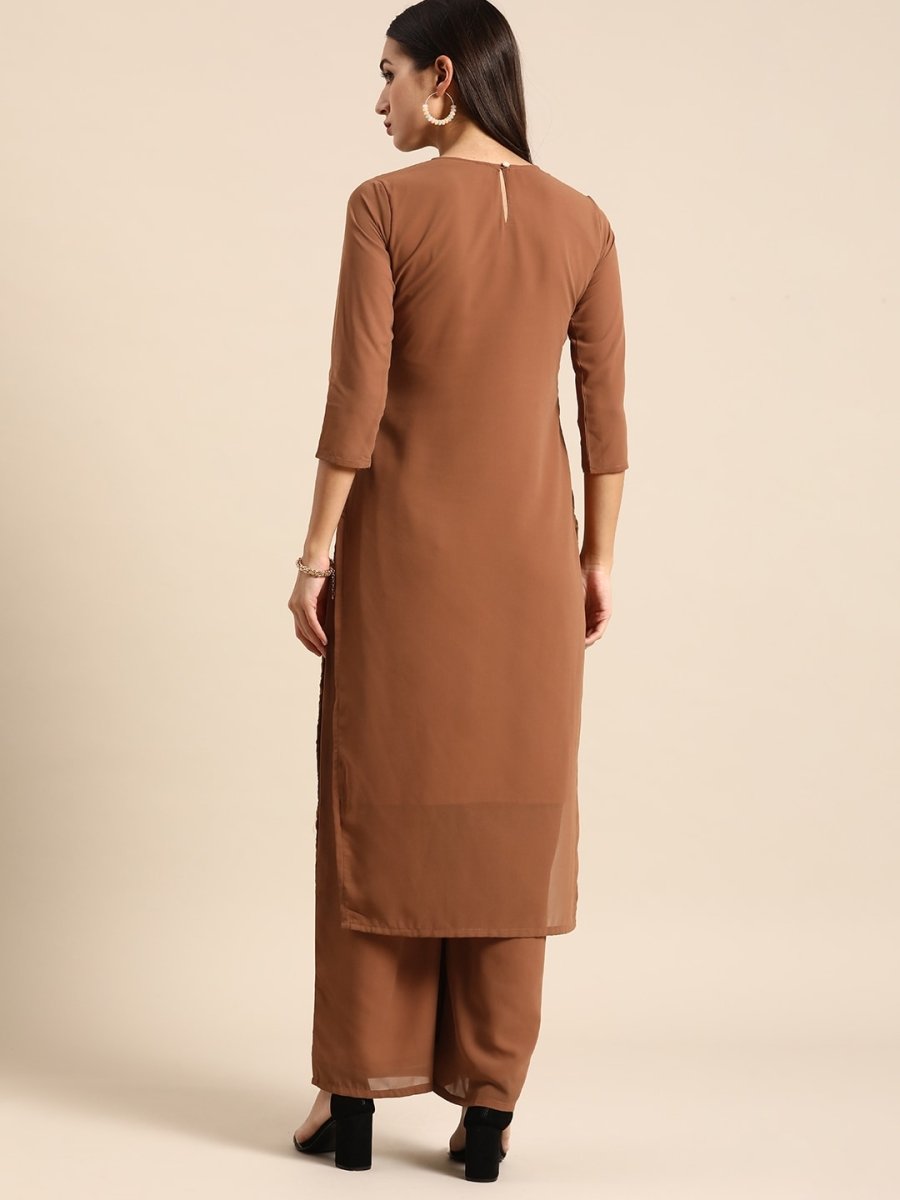 All About You Women Brown Ethnic Motifs Embroidered Chikankari Kurta with Palazzos 