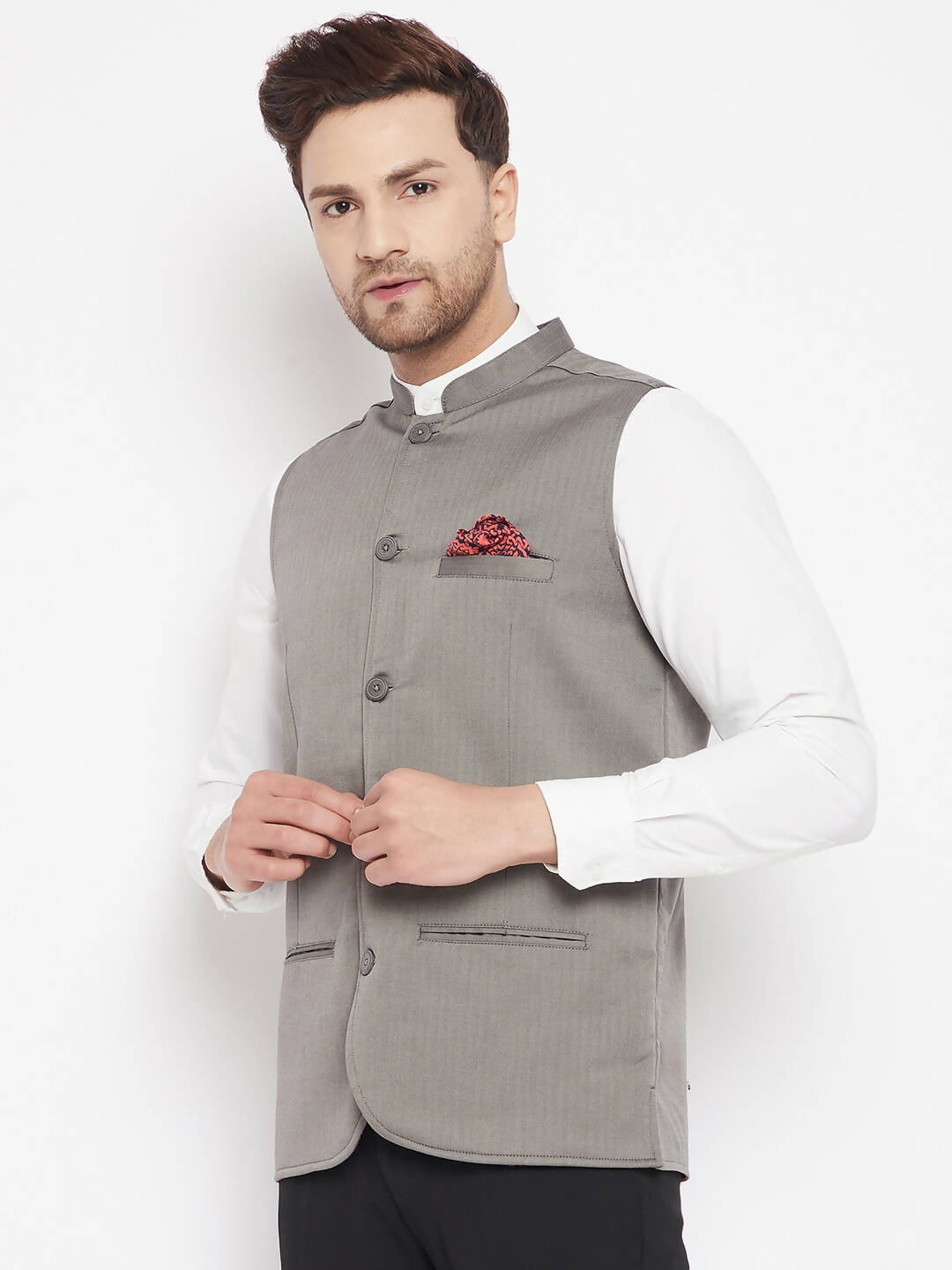 Even Apparels Grey Polyester Men's Nehru Jacket-Contrast Lining-Inbuilt Pocket Square 