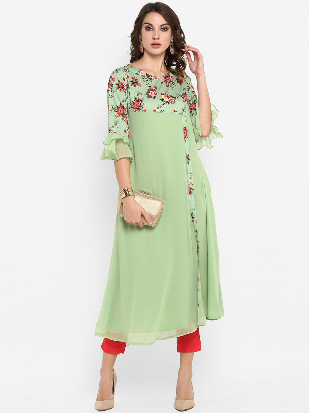 Janasya Women Green & Pink Floral Printed A-Line Kurta