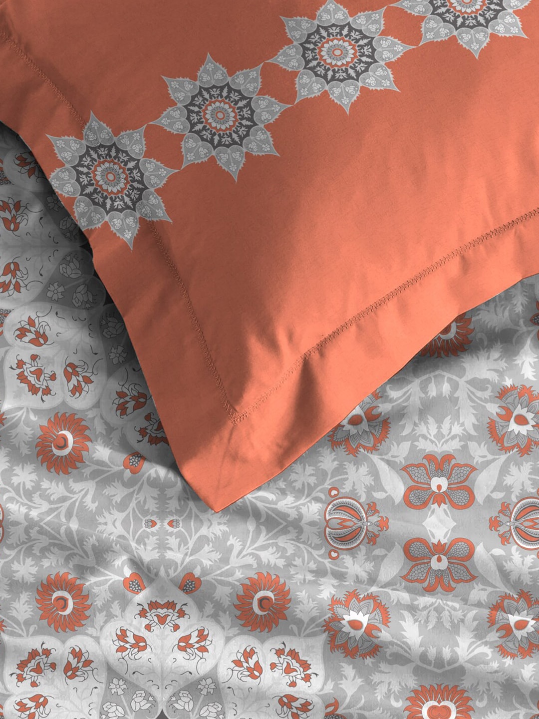 MYTRIDENT Grey White Floral Pure Cotton 144 TC Queen Bedsheet With 2 Pillow Covers 
