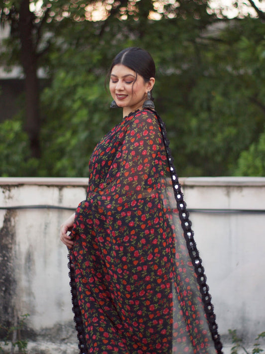 Tikhi Imli Black & Red Poly Georgette Printed Grab2Buy 