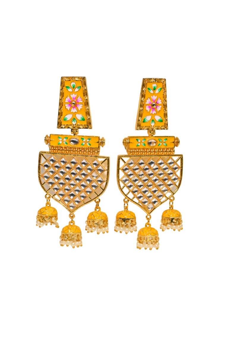Yellow Traditional Gold-Polished Meenakari Jhumka Jhumki Earrings Indian Jewellery For Women Girls By House of Ree House of Ree