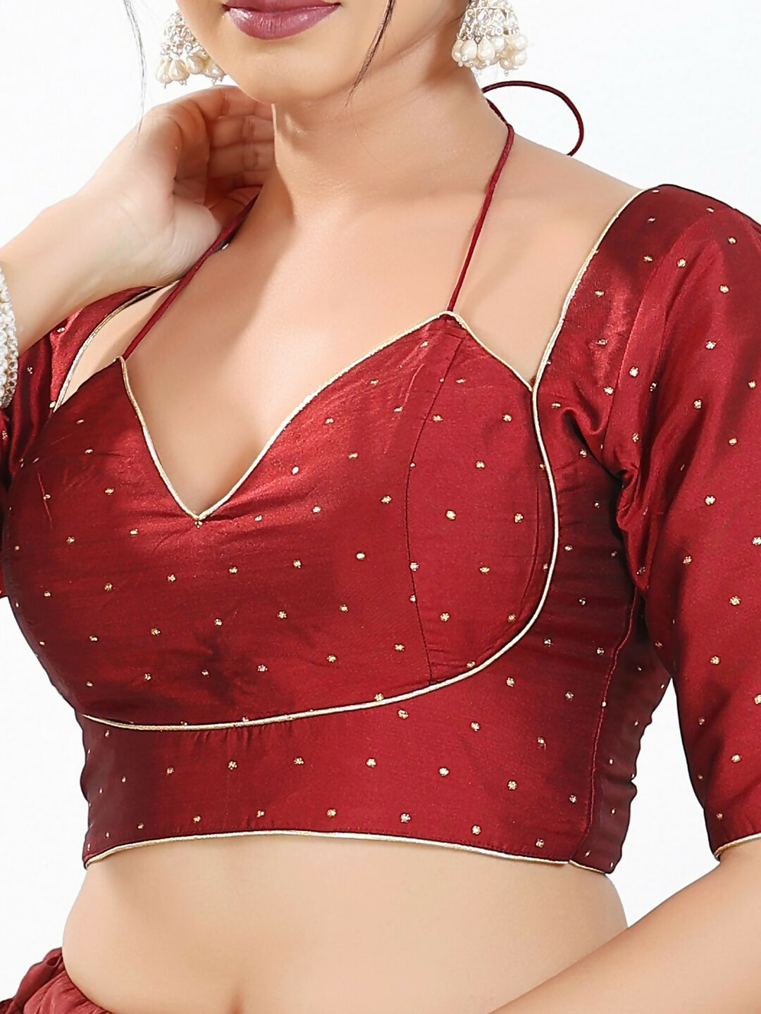 Joban Fashion Maroon Brocade Padded Blouse With Sweetheart Neck Elbow Sleeves