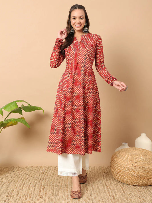FIORRA Women's Floral Printed Red Cotton A-Line Kurta 