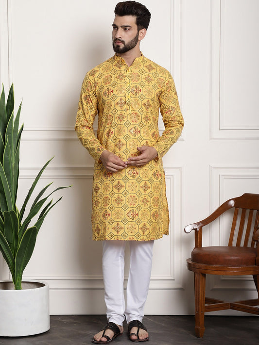 Sojanya Men Yellow Ethnic Motifs Printed Kurta with Churidar 