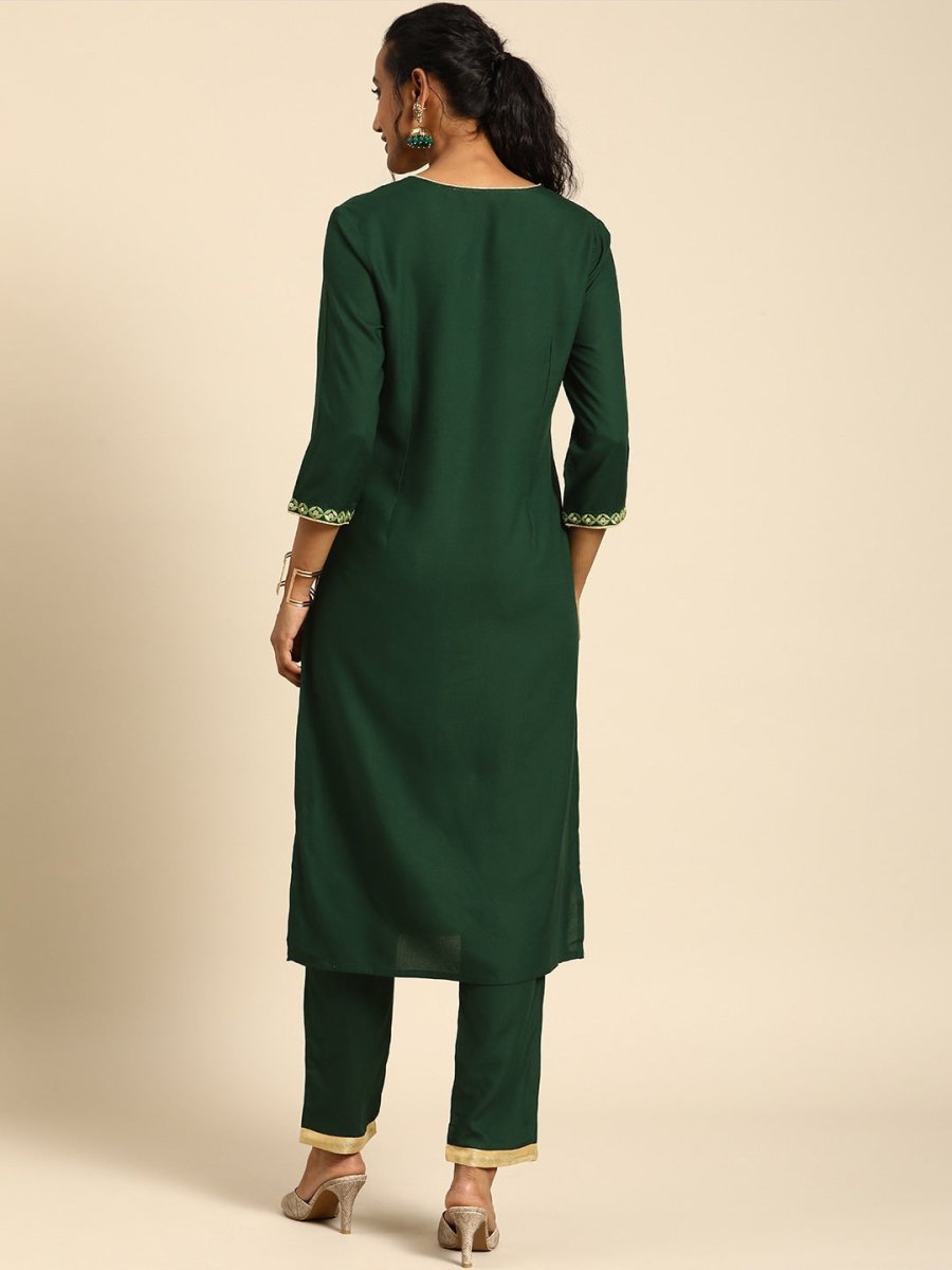 All About You Women Green Ethnic Motifs Yoke Design Regular Thread Work Kurta with Trousers