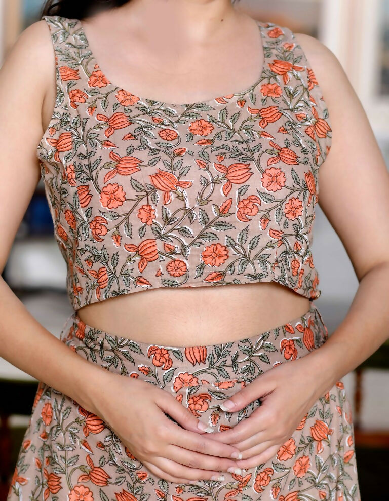 Miravan Women's Brown Floral Printed Crop Top And Skirt Co-Ord Set 