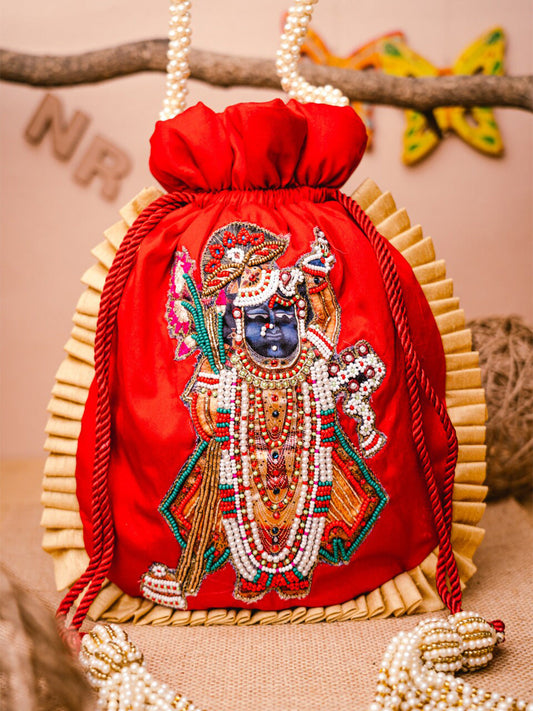 NR By Nidhi Rathi Red & White SHRINATHJI Embroidered Potli Clutch - Grab2buy