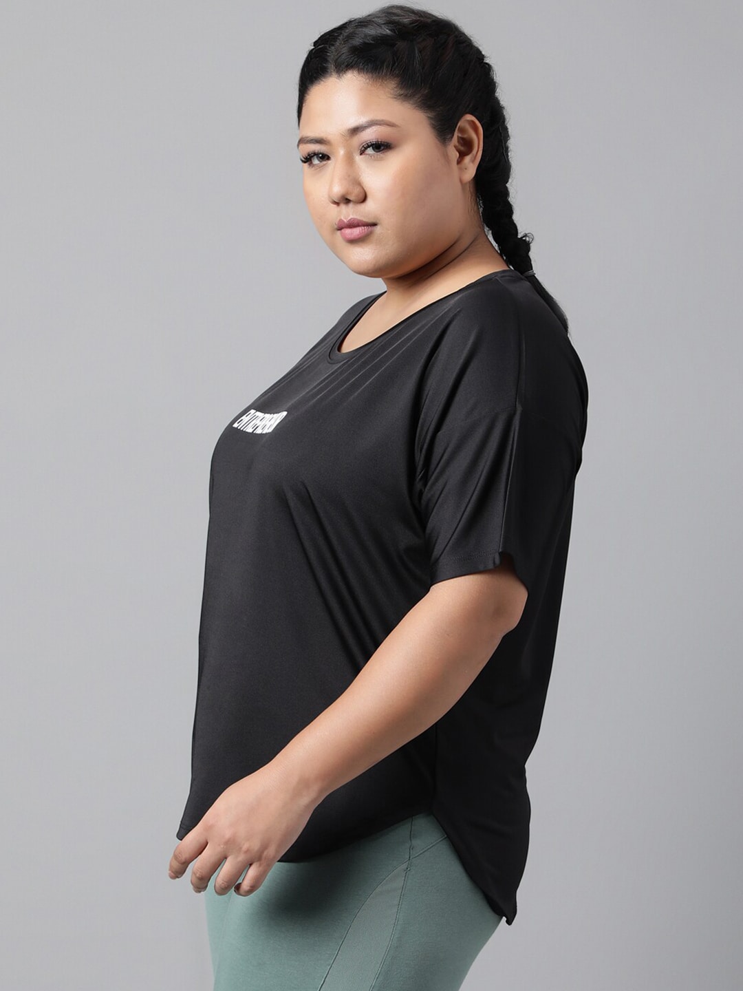 MKH Women Plus Size Typography Printed Drop shoulder Sleeves Dri-FIT Relaxed Fit T-shirt 