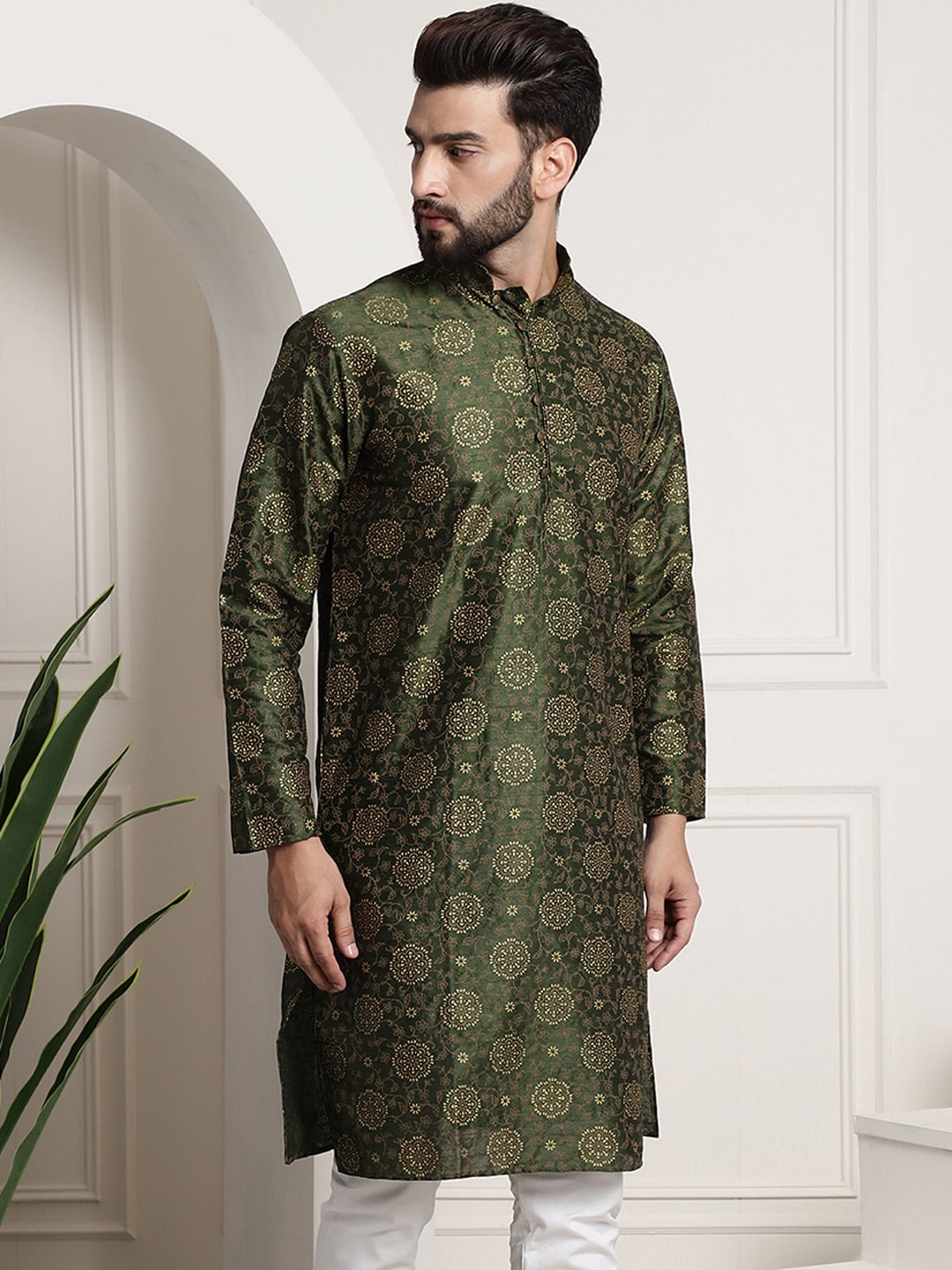 Sojanya Men Green & Brown Ethnic Motifs Printed Kurta 
