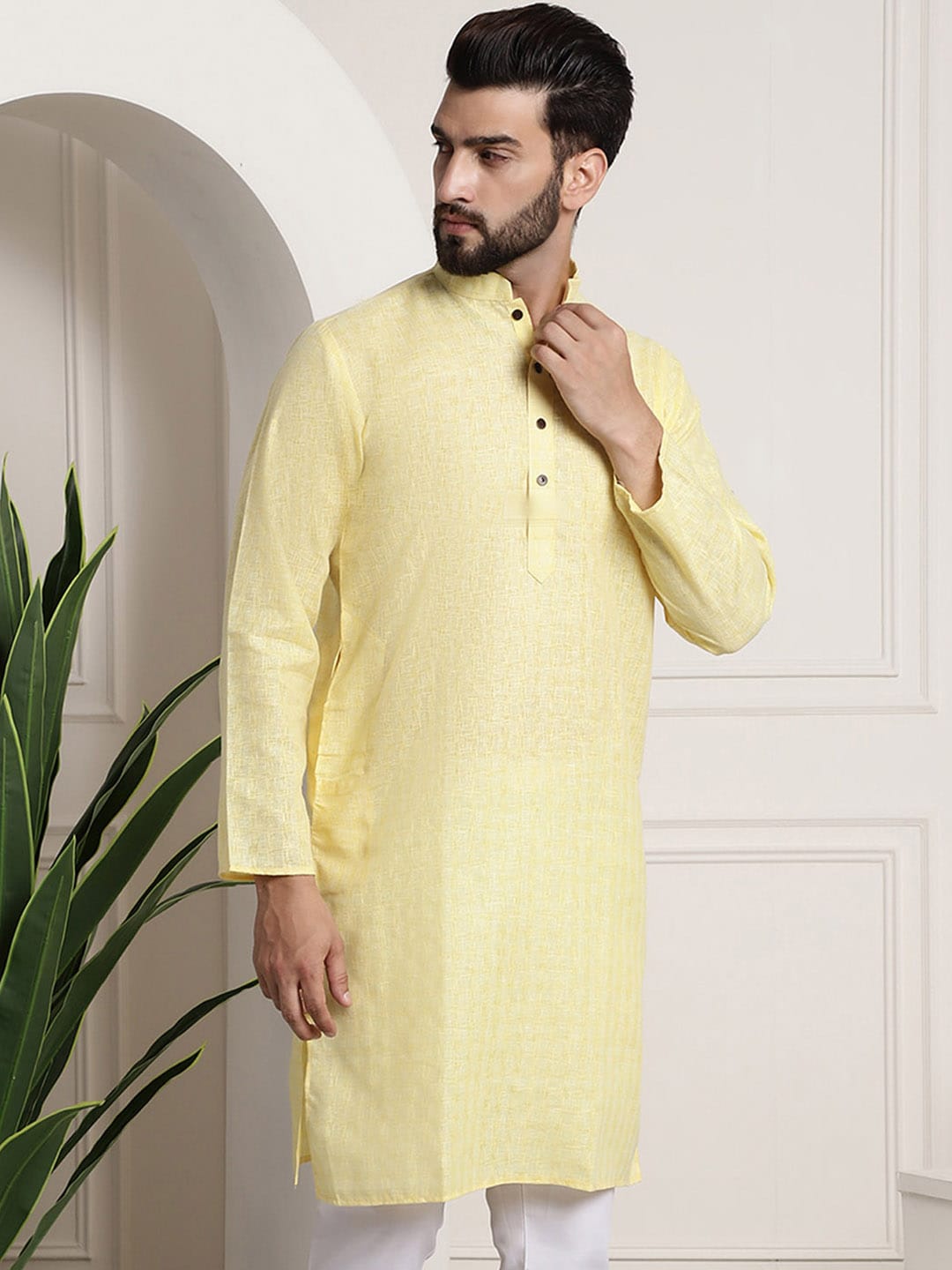 Sojanya Men Yellow Dobby Self-Checked Straight Kurta 