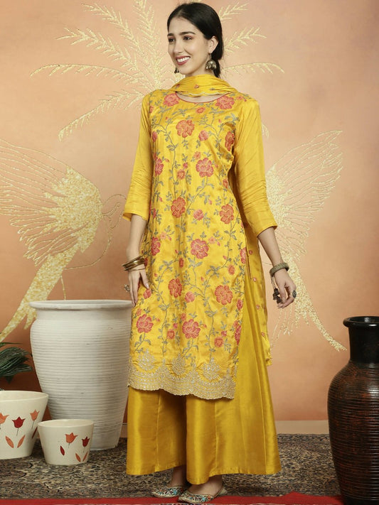 Aastha Fashion Women's Yellow Upada Silk Floral Resham Thread Kurta with Trouser & Dupatta - Grab2buy