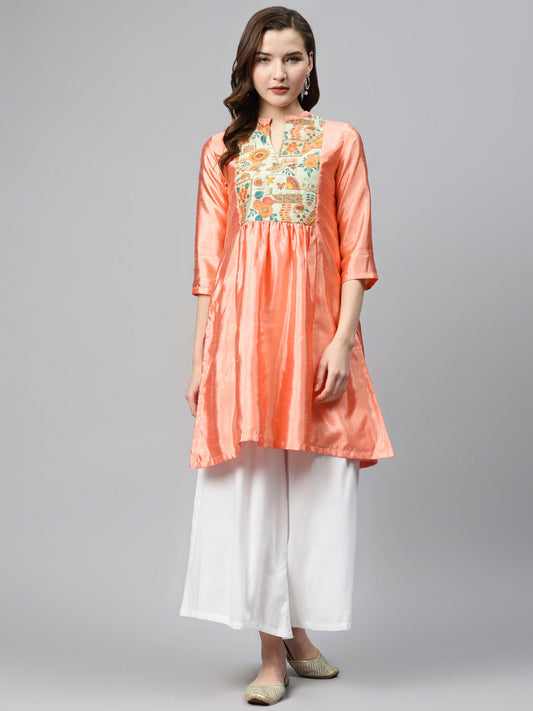 Biba Women Peach-Coloured & Green Yoke Design A-Line Kurta With Sheen Effect - Grab2buy