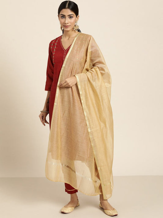 All About You Women Maroon & Golden Embroidered Regular Kurta with Trousers & Dupatta