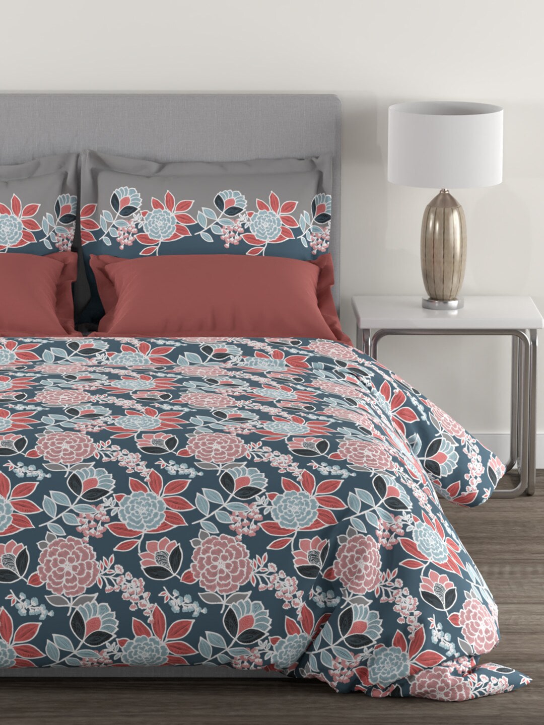 MYTRIDENT Blue Green Floral Cotton 144 TC Queen Bedsheet With 2 Pillow Covers 