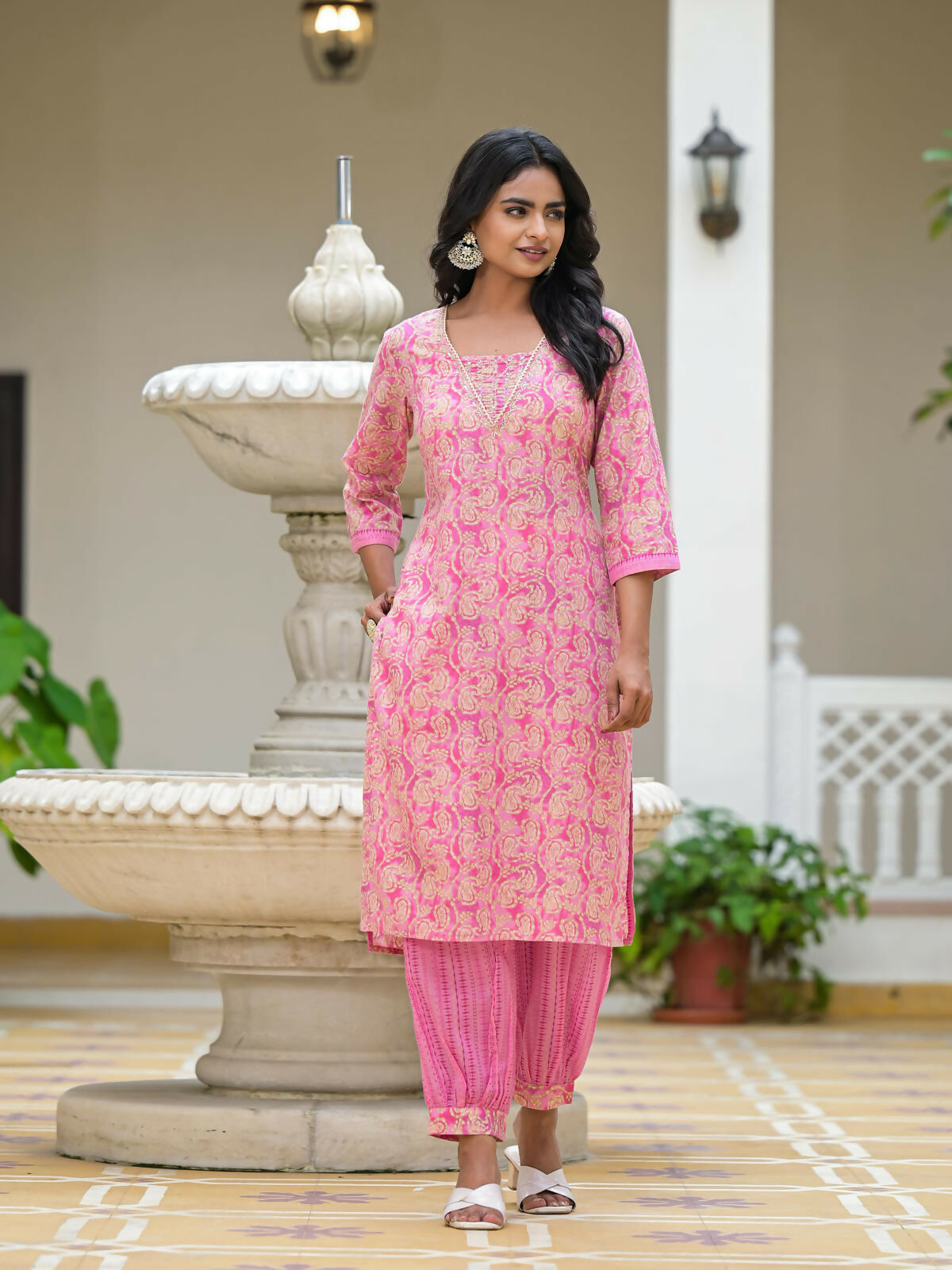 Juniper Women's Pink Ethnic Motif Printed Cotton Kurta Pant With Dupatta Set With Sequins & Lace