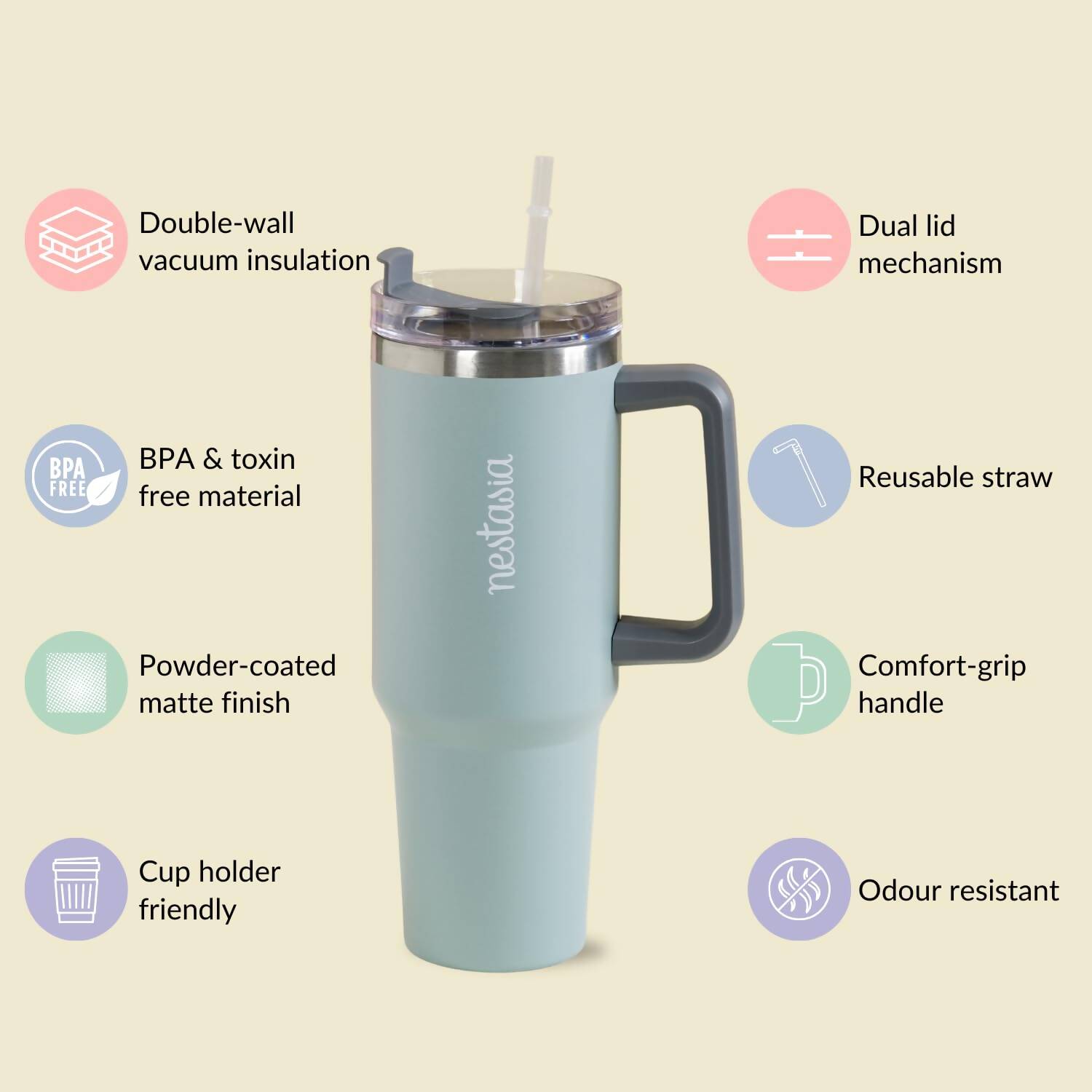 Nestasia Tumbler with Handle Straw & Lid - 1.2L (Green) - Grab2buy