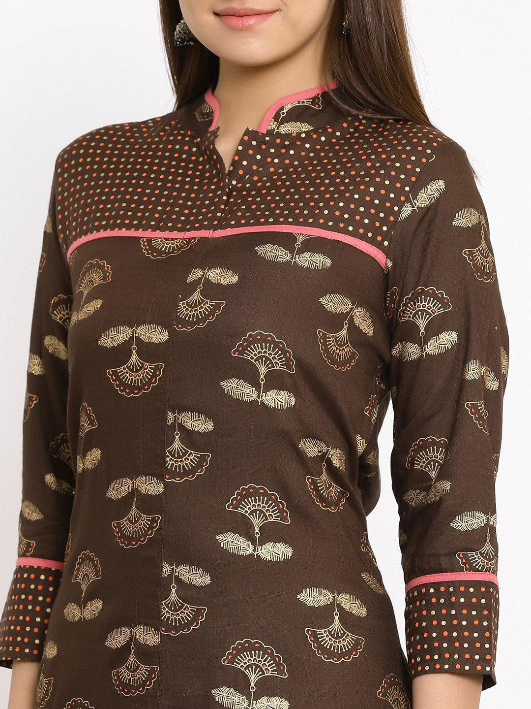 HERE&NOW Brown & Beige Mandarin Collar Floral Printed Straight Kurta