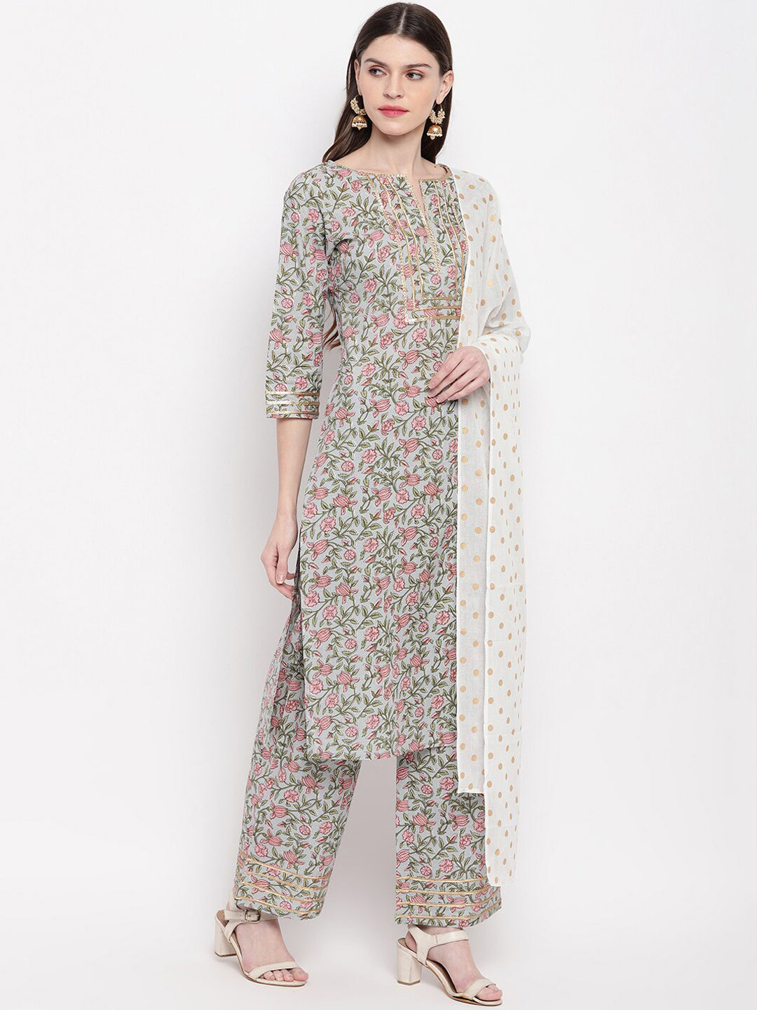 Janasya Women Multicoloured Printed Kurta with Palazzos & Dupatta