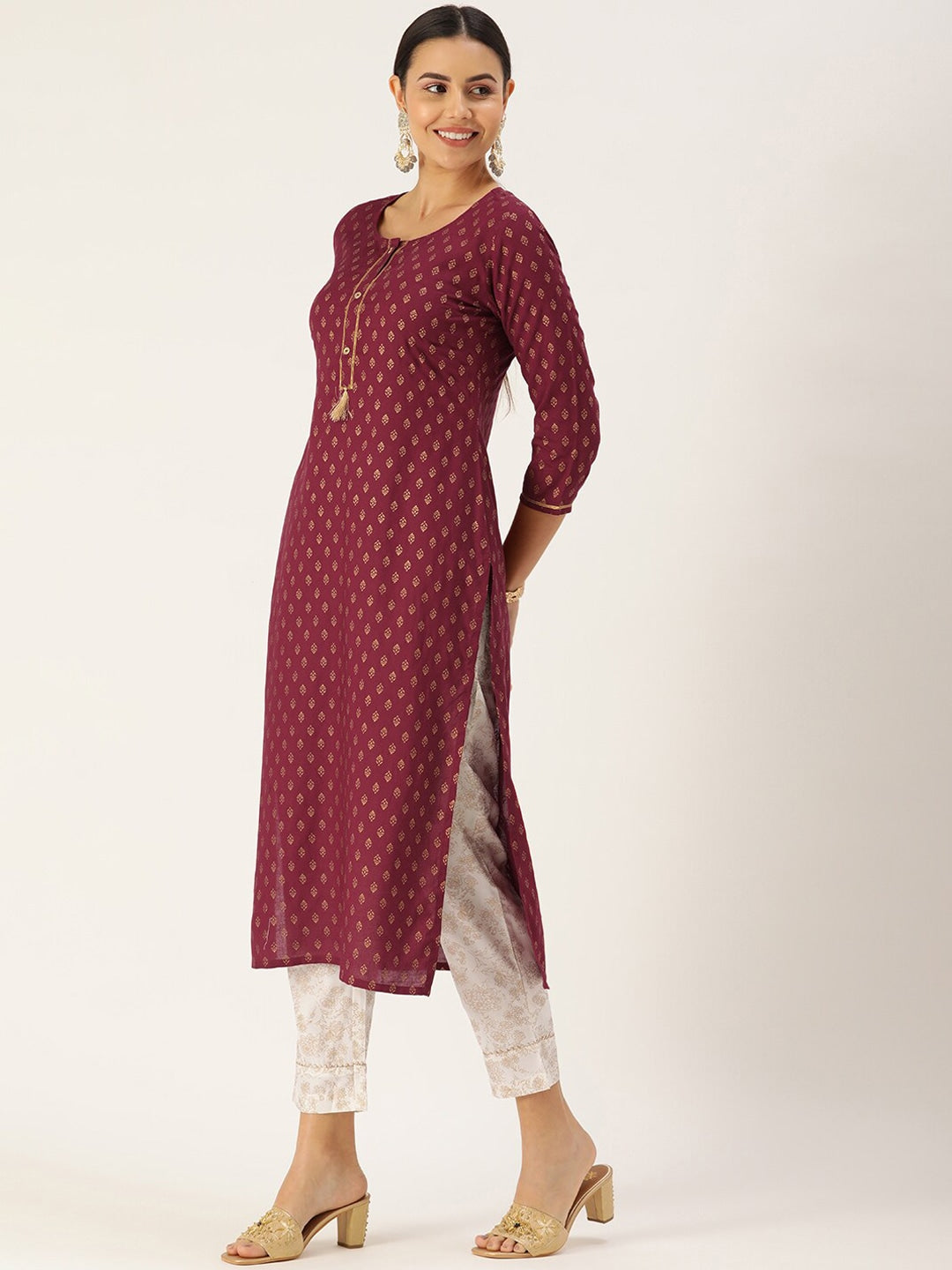 HERE&NOW Women Maroon Ethnic Printed Kurta with Trousers & With Dupatta