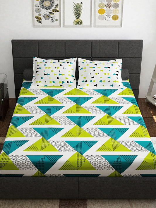 Story@home Ventura Green Geometric 152 TC Cotton Queen Bedsheet With 2 Pillow Covers 