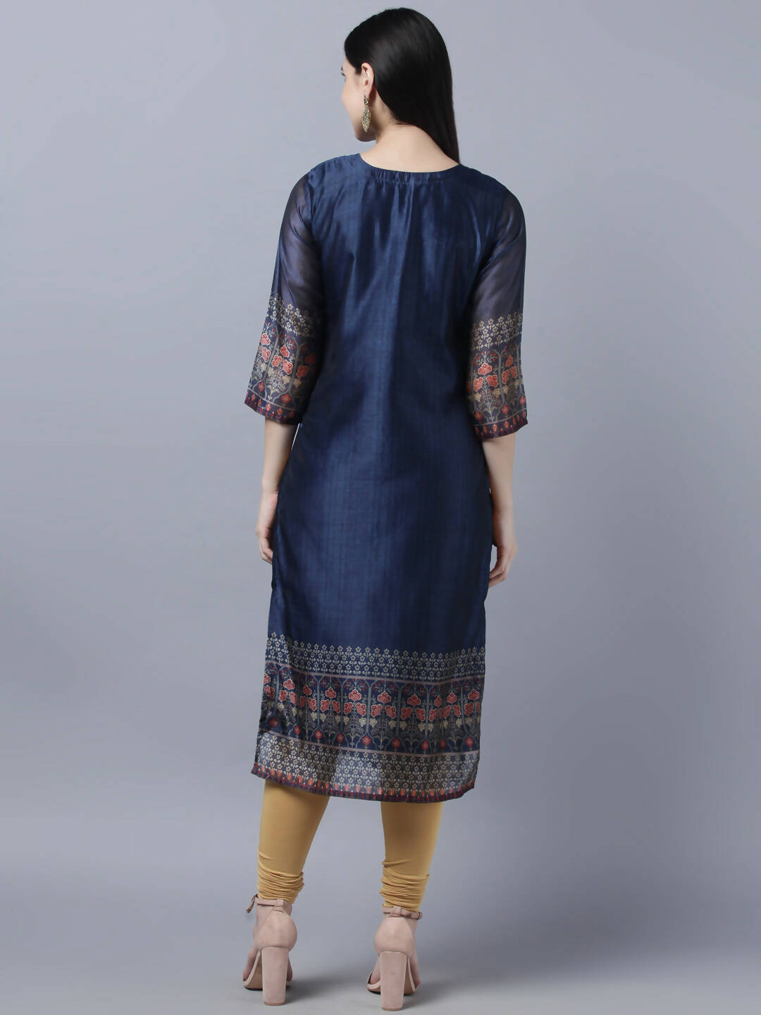 Myshka Women Navy Blue Ethnic Motifs Printed Keyhole Neck Chanderi Silk Kurta