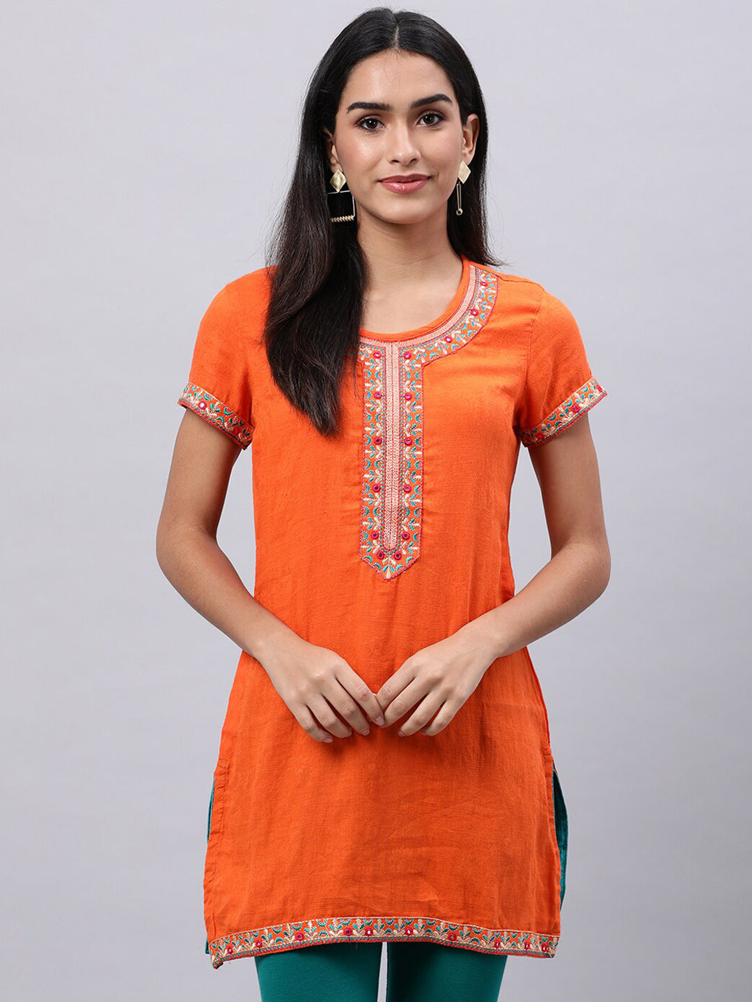 Souchii Orange Floral Embroidered Mirror Work Mirror Work Kurti 