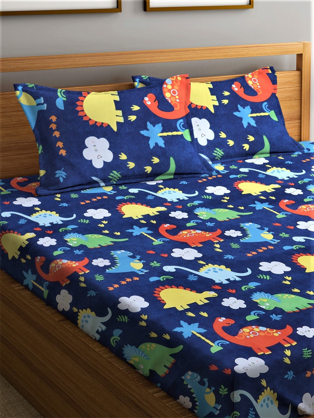Home Sizzler Blue & Yellow Printed 210 TC Bedsheet with Pillow Covers 