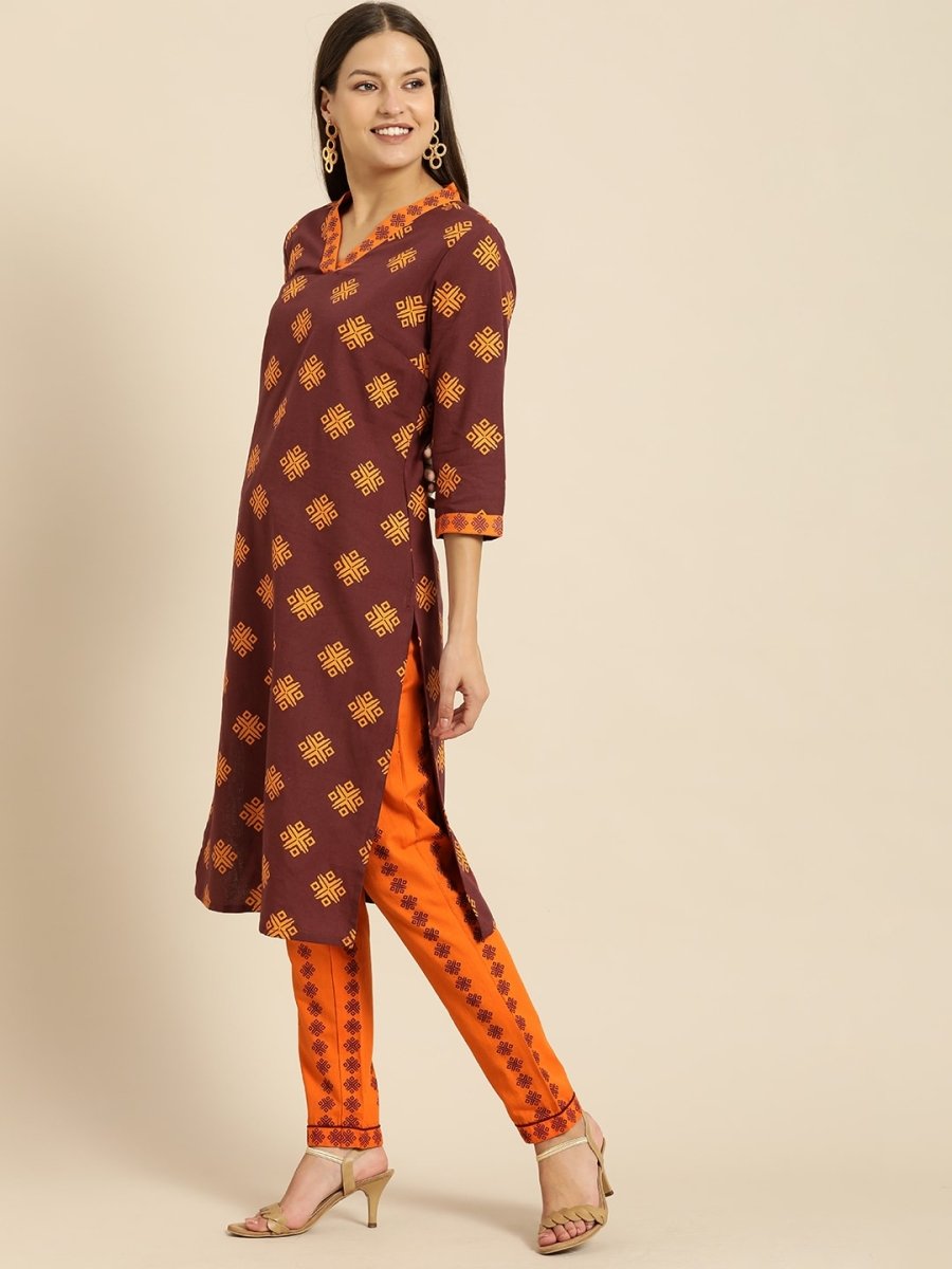 All About You Women Maroon Ethnic Motifs Printed Kurta with Printed Trousers