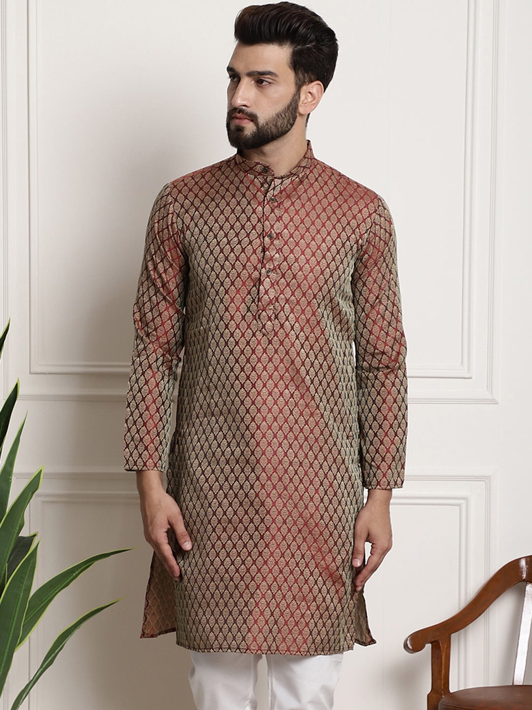 Sojanya Men Maroon & Golden Ethnic Motifs Jacquard Silk Kurta 