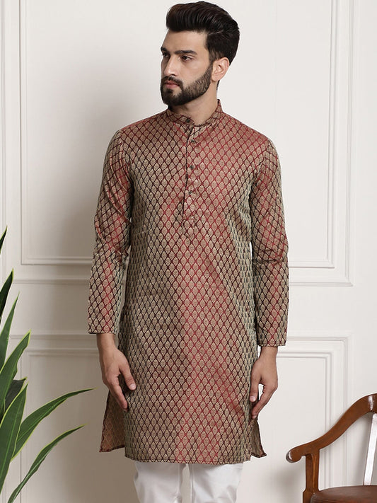 Sojanya Men Maroon & Golden Ethnic Motifs Jacquard Silk Kurta 
