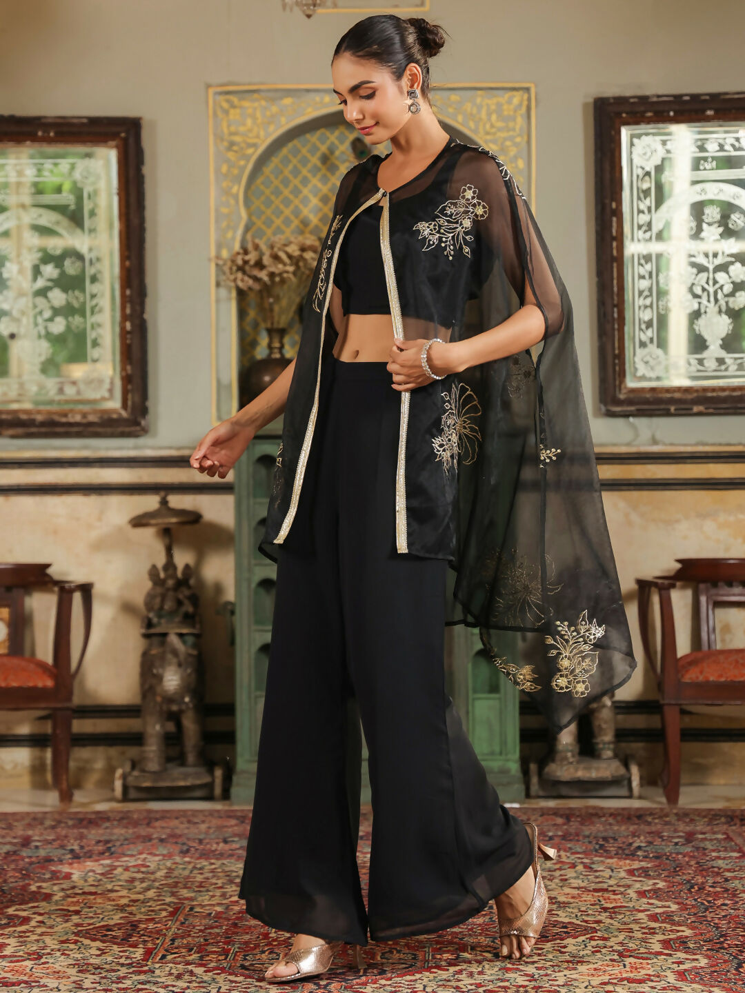 Janasya Black Georgette Solid Top Bottom Cape 
