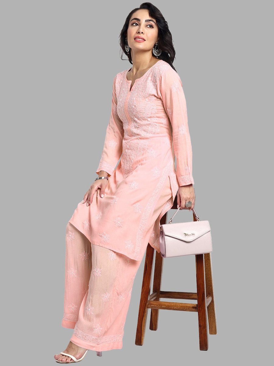 ADA Floral Embroidered Long Sleeves Regular Lucknowi Chikankari Kurta With Palazzos 