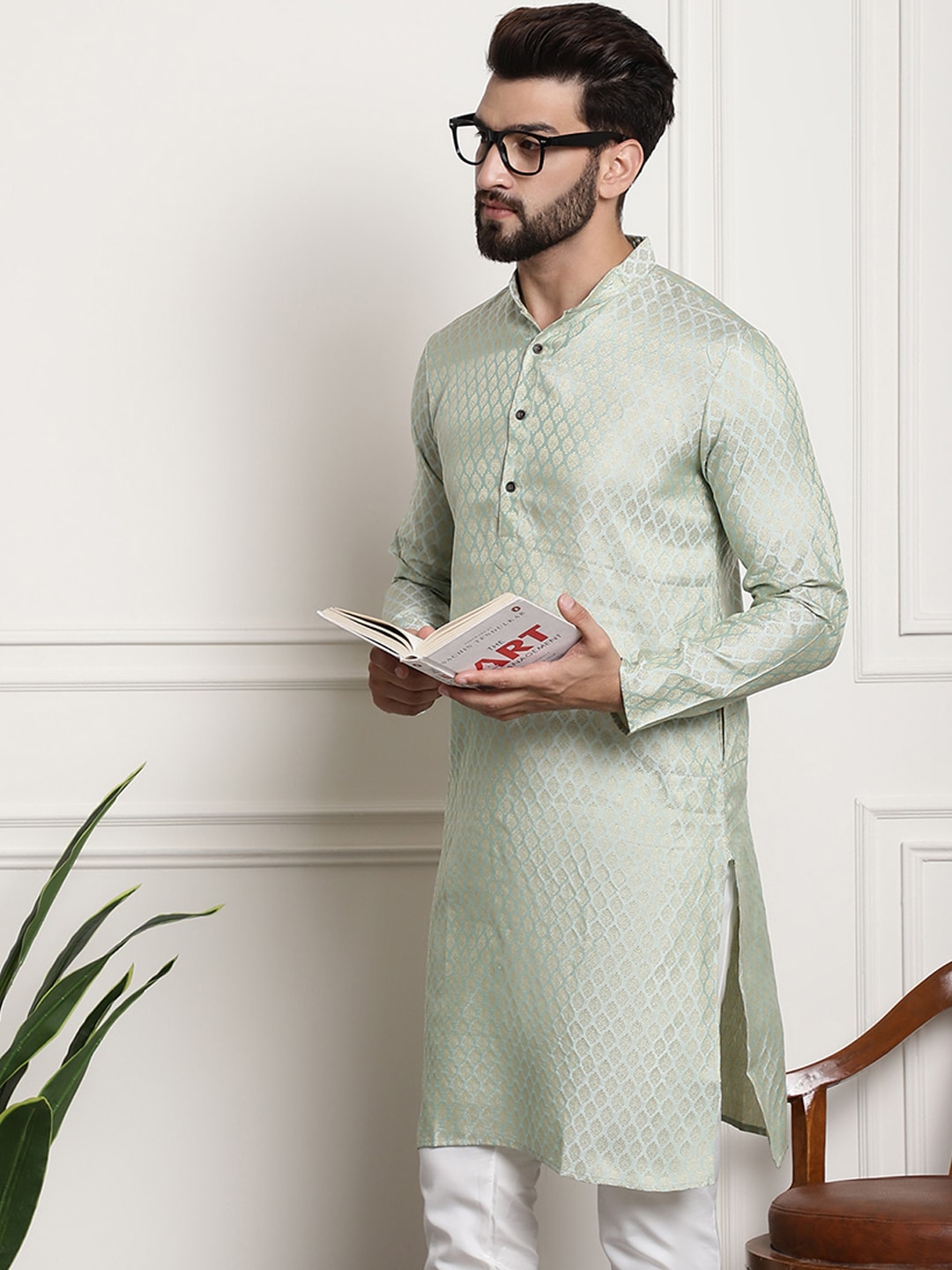 Sojanya Men Green & Beige Ethnic Motifs Jacquard Woven Design Straight Kurta 