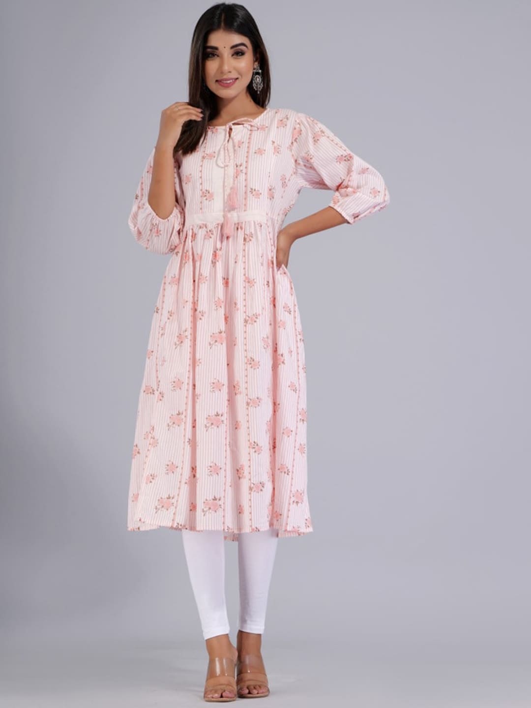 HERE&NOW Peach & White Floral Printed Tie-Up Neck Cotton A-Line Kurta