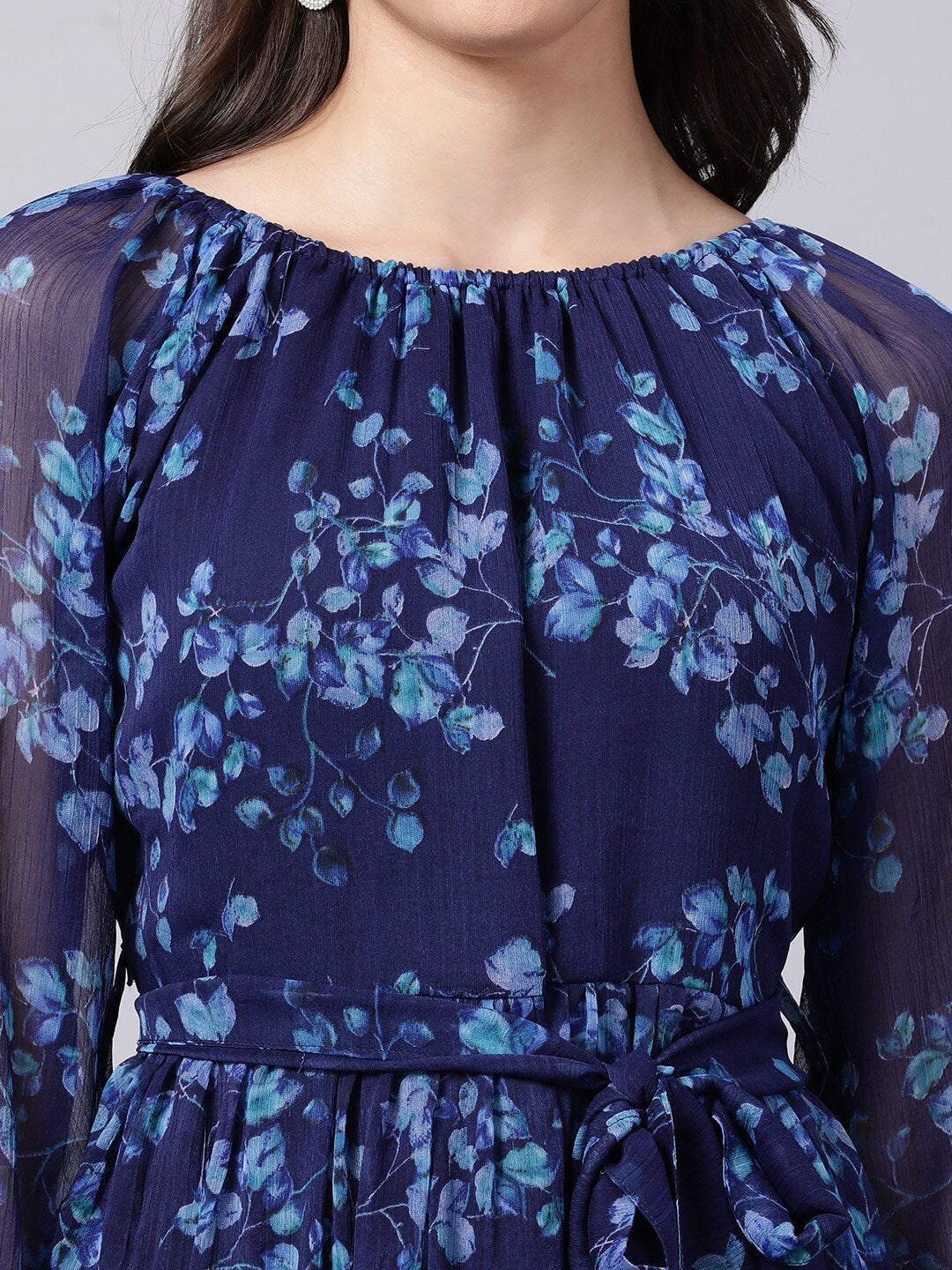 Souchii Navy Blue Floral Layered Chiffon A-Line Midi Dress 