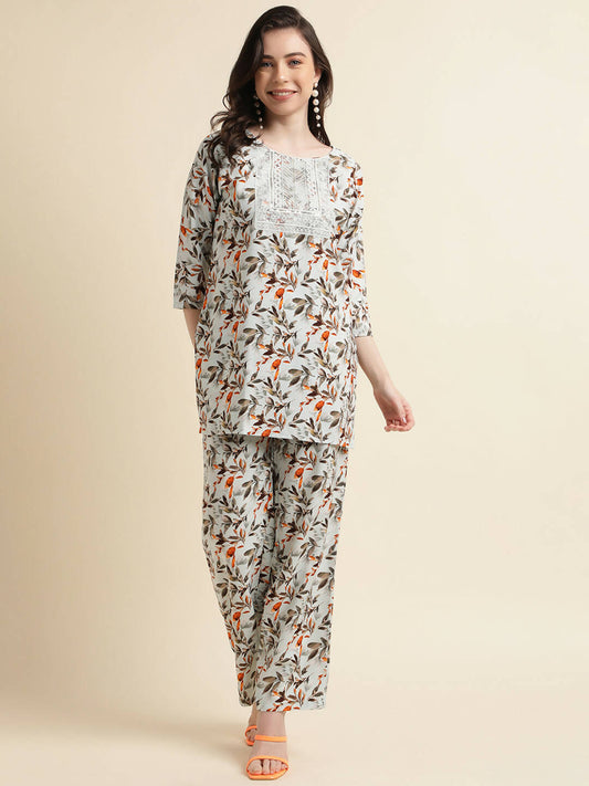 Grey Poly Crepe Digital Printed Top with Matching Bottom - Preeti